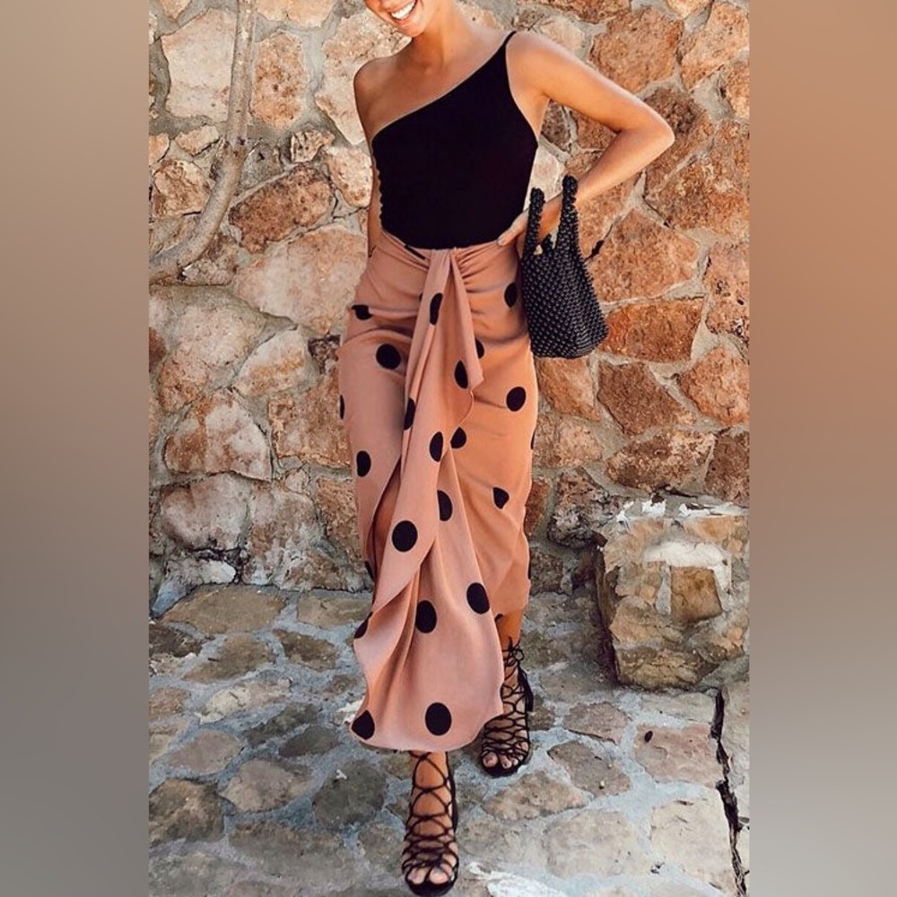 Margovil Drape Front Slit Ruched Polka Dot Skirt